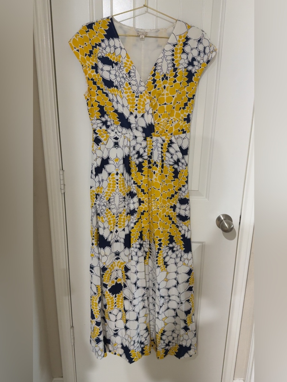 GAP Yellow Navy Floral V-Neck Maxi Dress with White Accents